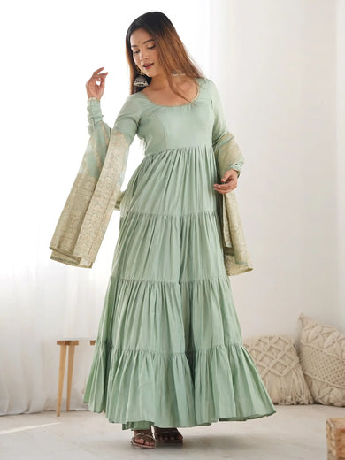 Gorgeous Pista Green Anarkali Gown With Banarasi Silk Dupatta